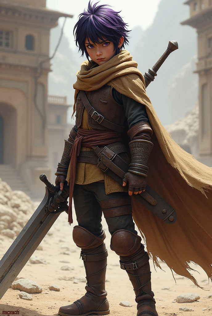Young mercenary, battle hardened leather armor, dusty ripped scarf, long cape, heavy greatsword, dark hair with purple highlights, beautiful violet eyes