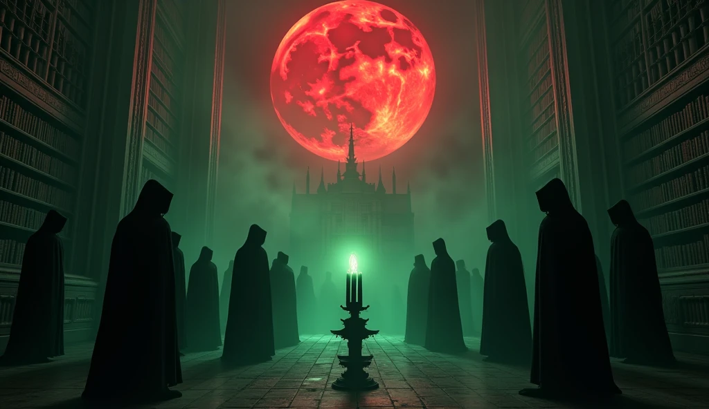 8k、 big red moon   ,zoom up(number々の賞を受賞したmasterpiece、Incredible detail、Texture、Maximum details),green flame candle, (summoning magic),(The moonlight at night is beautiful), (Demon King&#39;s Castle),(dark organization)arafed image of a group of people in a church with candles,lit candle, dark cinematic concept art, elegant cinematic fantasy art, photorealistic dark concept art, by Beeple, dark robes, wojtek fus, gothic epic library concept, gothic epic library, epic cinematic concept art, dark concept art, Beeple and mike winkelmann, symmetrical epic fantasy art, High resolution, masterpiece, Highest quality, Intricate details, Very detailed, Clear focus, practical skin texture, texture,  Shot with Canon, 85mm, Shallow and deep, Kodak Vision Color, Exactly, Very detailed, photograph_\(Extremist\), photographpractical, practical, Post-processing, Maximum details, Roughness, Real Life, Extremist practical, Photorealism, photographgraphy, 8K Ultra HD, photographgraphy
