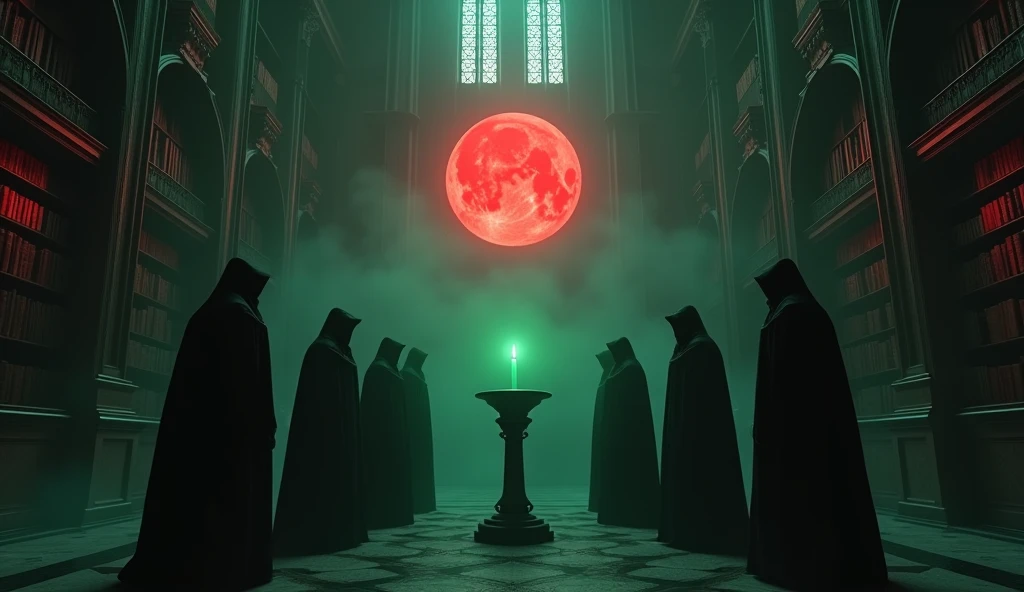 8k、 big red moon ,zoom up(number々の賞を受賞したmasterpiece、Incredible detail、Texture、Maximum details),green flame candle, (summoning magic),(The moonlight at night is beautiful), (Demon King's Castle),(dark organization)arafed image of a group of people in a church with candles,lit candle, dark cinematic concept art, elegant cinematic fantasy art, photorealistic dark concept art, by Beeple, dark robes, wojtek fus, gothic epic library concept, gothic epic library, epic cinematic concept art, dark concept art, Beeple and mike winkelmann, symmetrical epic fantasy art, High resolution, masterpiece, Highest quality, Intricate details, Very detailed, Clear focus, practical skin texture, texture, Shot with Canon, 85mm, Shallow and deep, Kodak Vision Color, Exactly, Very detailed, photograph_\(Extremist\), photographpractical, practical, Post-processing, Maximum details, Roughness, Real Life, Extremist practical, Photorealism, photographgraphy, 8K Ultra HD, photographgraphy