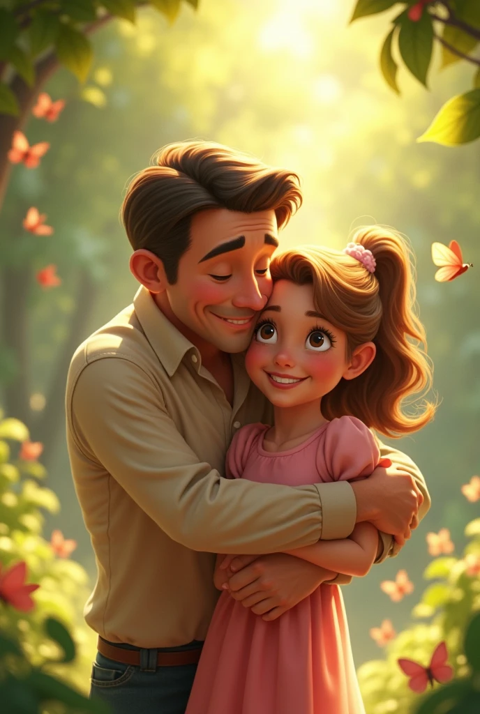 Create a man hugging a because she is his daughter Disney style