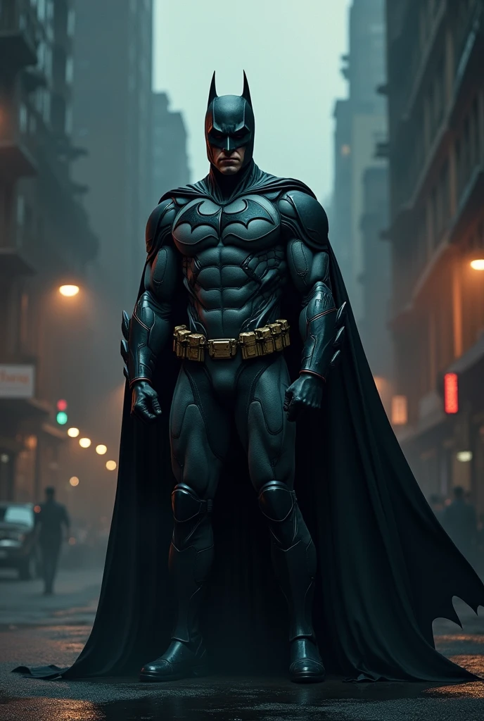 A dark, brooding superhero, Batman, standing tall in a gritty, urban landscape, cape flowing dramatically, cowl obscuring his intense gaze, detective-like precision, intricate suit of armour, utility belt packed with gadgets, dark and moody atmosphere, deep shadows, dramatic lighting, cinematic composition, photo-realistic rendering, masterpiece