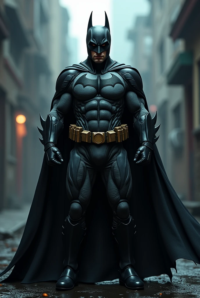 A dark, brooding superhero, Batman, standing tall in a gritty, urban landscape, cape flowing dramatically, cowl obscuring his intense gaze, detective-like precision, intricate suit of armour, utility belt packed with gadgets, dark and moody atmosphere, deep shadows, dramatic lighting, cinematic composition, photo-realistic rendering, masterpiece