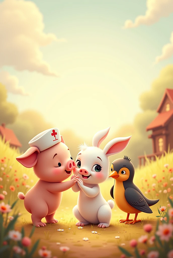 Horizontal animated image for the cover of a story containing a little pig, A white bunny with a nursing cap and a little bird with an injured wing