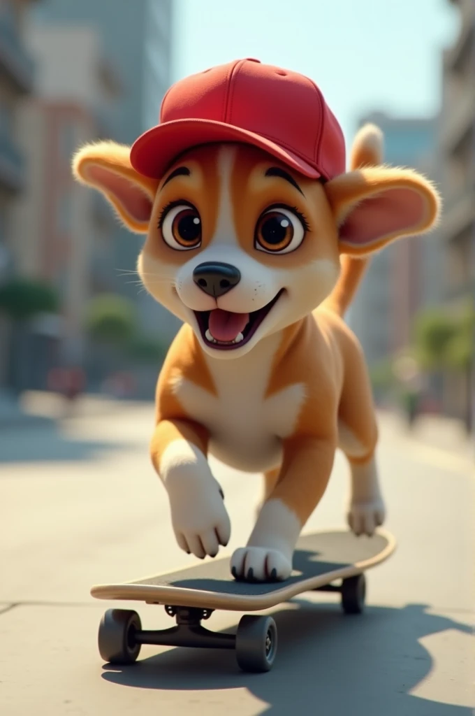 Dog on skateboard with red cap