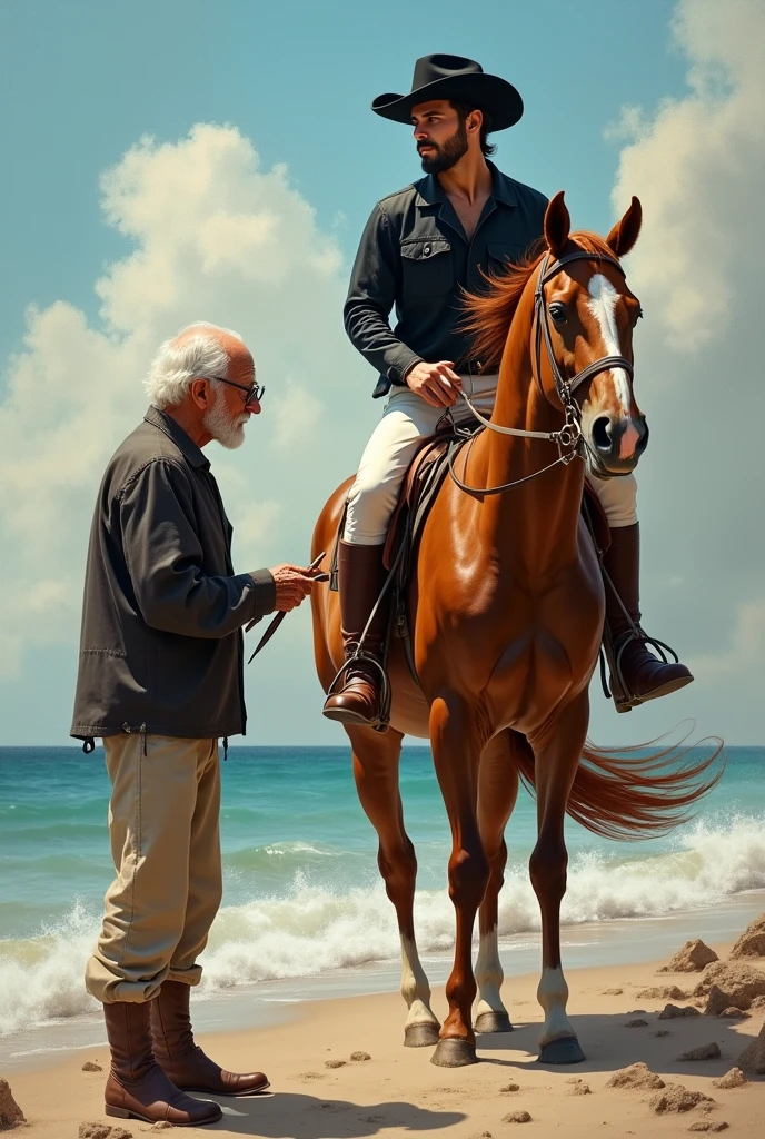 romanticism + realism, the old man paints the portrait of a young man on horseback, (in soft colors, diffuse strokes, old painter, cinnamon skin, glasses, thin, weak, emaciated is standing on the beach painting a picture,) (the painting with intense vivid colors firm strokes, portrait of a handsome gentle young man, fullness, peace, muscular Latino wears glasses rides horse dressed in black boots, white pants, brown jacket, black helmet) focus on facial expressions
