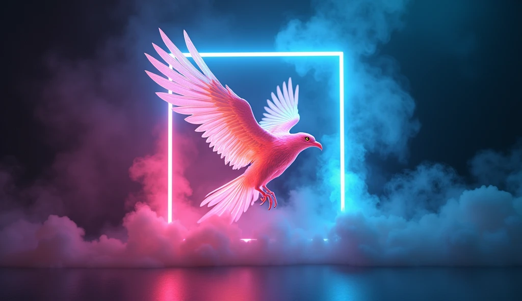 A neon bird crashing through swirling smoke, its form outlined in a glowing picture frame, a ghost of determination and courage, masterpiece, 4k, photorealistic, dynamic lighting, cinematic, volumetric lighting, dramatic, moody, hyperrealistic, intricate details, vibrant neon colors, ethereal, mystical, powerful, captivating, surreal, digital art