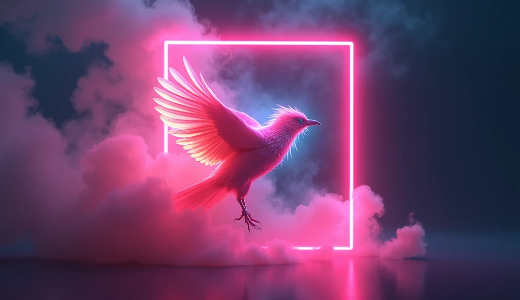 A neon bird crashing through swirling smoke, its form outlined in a glowing picture frame, a ghost of determination and courage, masterpiece, 4k, photorealistic, dynamic lighting, cinematic, volumetric lighting, dramatic, moody, hyperrealistic, intricate details, vibrant neon colors, ethereal, mystical, powerful, captivating, surreal, digital art