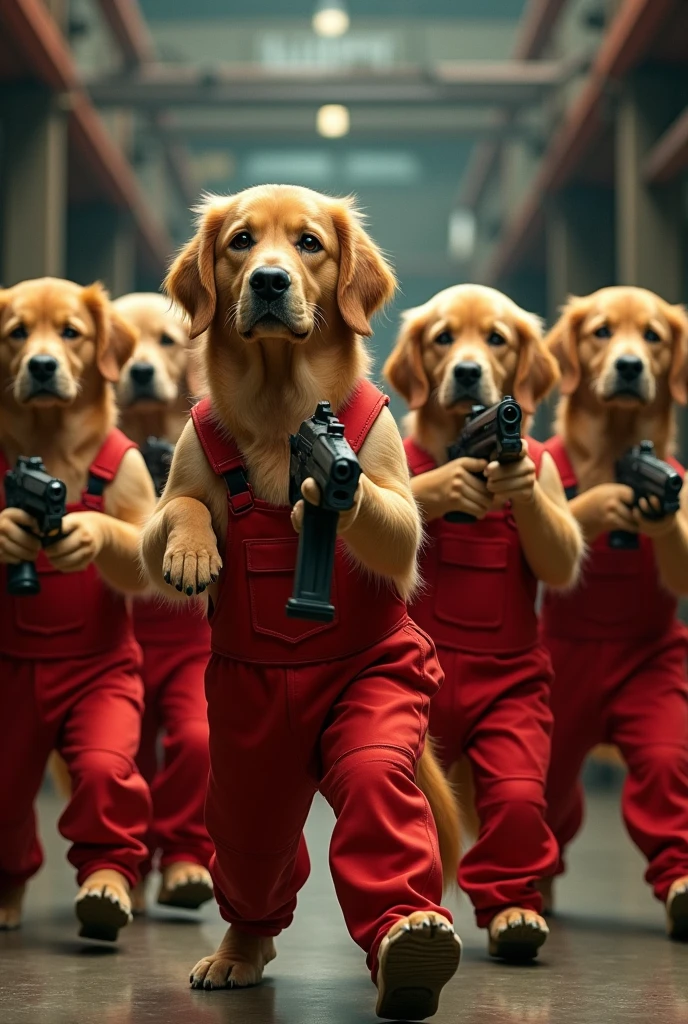 La casa de papel series with Seven golden retrievers with red overalls and weapons
