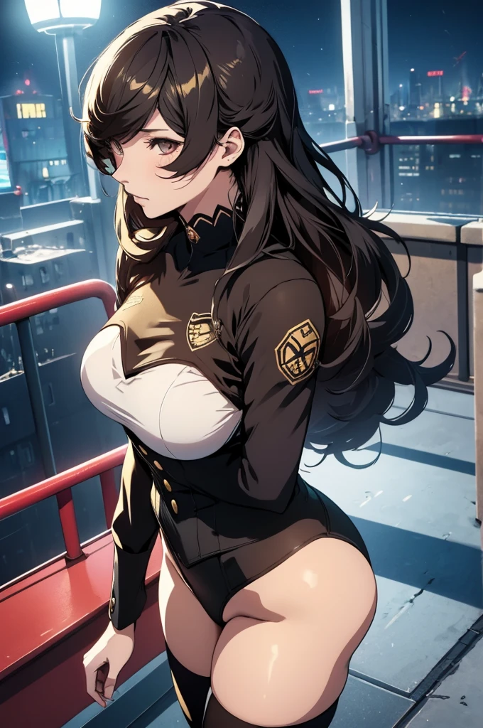 (Best quality, Ultra detailed, Golden ratio, Masterpiece:1.2), Theatrical lighting:0.7(ray tracing), 1 girl, Ren Amamiya from Persona 5, turned into a woman, posing, athletic body, small thighs, Big breasts,perky breasts, heart-shaped ass, tight pussy(shiny skin)(detailed skin) (perfect hands), posing, mature, sexual, attractive, lewd, orgasmic, blushing, very feminine, wearing a School uniform, thigh highs(perfect eyes), on a rooftop at night