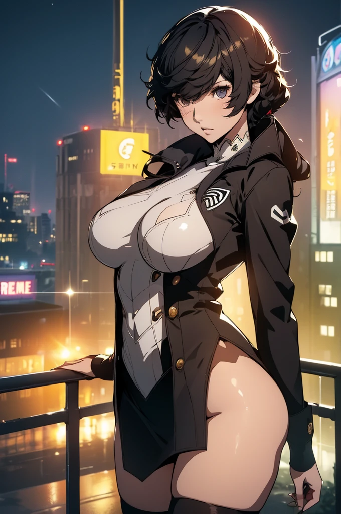 (Best quality, Ultra detailed, Golden ratio, Masterpiece:1.2), Theatrical lighting:0.7(ray tracing), 1 girl, Ren Amamiya from Persona 5, turned into a woman, posing, athletic body, small thighs, Big breasts,perky breasts, heart-shaped ass, tight pussy(shiny skin)(detailed skin) (perfect hands), posing, mature, sexual, attractive, lewd, orgasmic, blushing, very feminine, wearing a School uniform, thigh highs(perfect eyes), on a rooftop at night