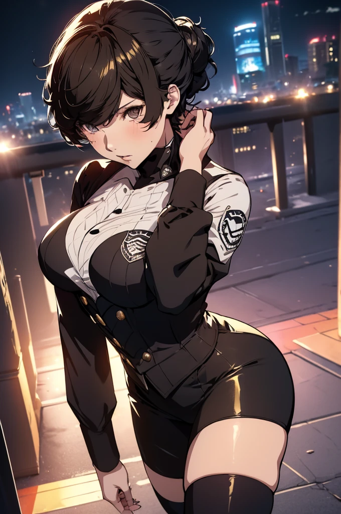 (Best quality, Ultra detailed, Golden ratio, Masterpiece:1.2), Theatrical lighting:0.7(ray tracing), 1 girl, Ren Amamiya from Persona 5, turned into a woman, posing, athletic body, small thighs, Big breasts,perky breasts, heart-shaped ass, tight pussy(shiny skin)(detailed skin) (perfect hands), posing, mature, sexual, attractive, lewd, orgasmic, blushing, very feminine, wearing a School uniform, thigh highs(perfect eyes), on a rooftop at night