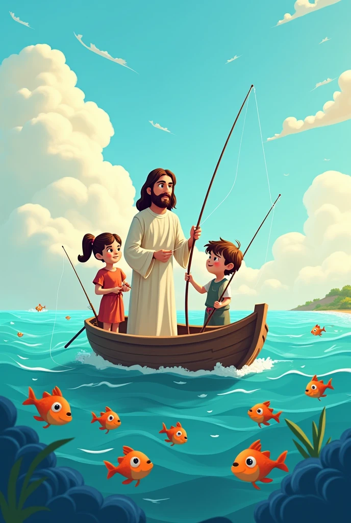 Cartoon of Jesus with a girl and a boy fishing in a boat and fish in the sea