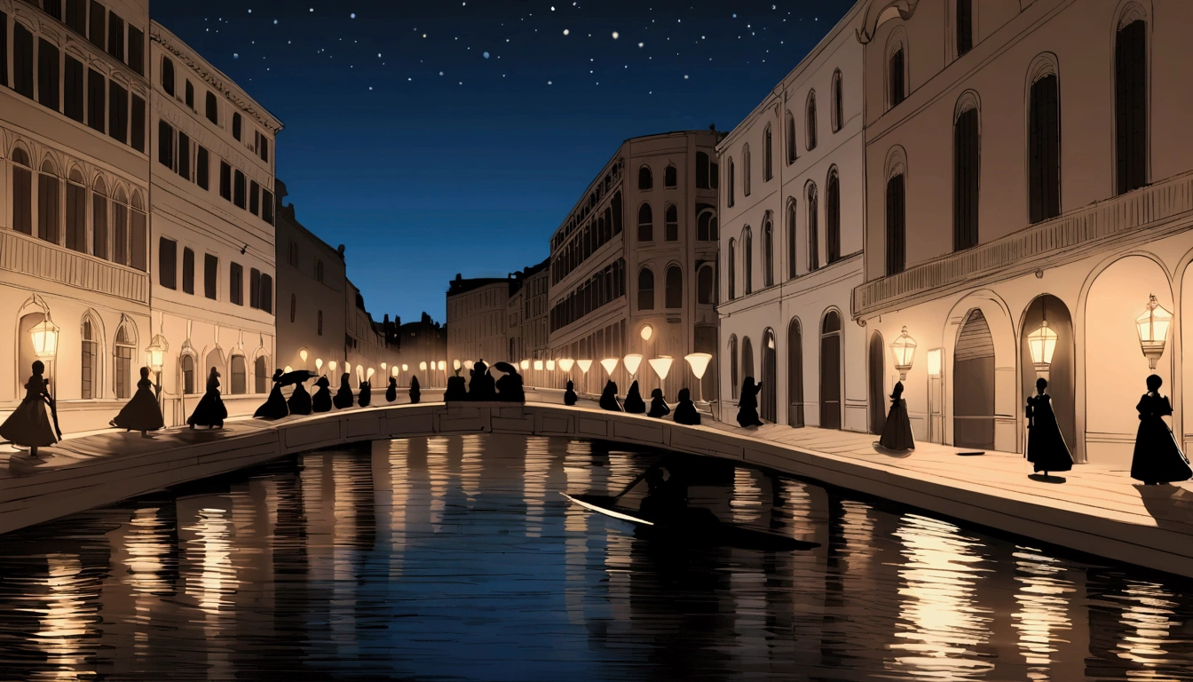[Lena diving into canal], [determined expression, wet clothes clinging], [nighttime Venice with pursuing figures on a bridge], [anime neo-noir style like 'Death Note'], [moonlight reflecting off dark water], [deep blues and blacks with highlights of street lamps]
