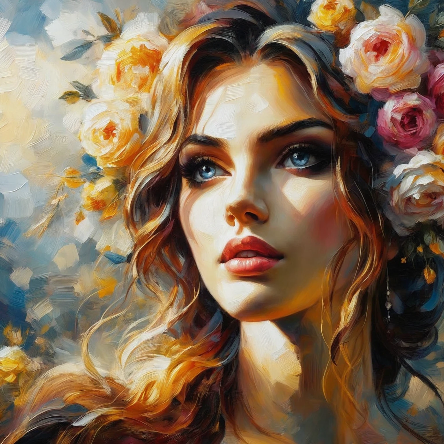 a painting of a woman with flowers in her hair, Bela arte UHD 4K, detailed painting 4k, Karol behind uhd, 4 k oil painting, 4 k oil painting, detailed digital art in 4k, linda beautiful digital art, highly detailed digital art in 4k, beautiful painting, beautiful digital art, beautiful character painting, beautiful digital artwork