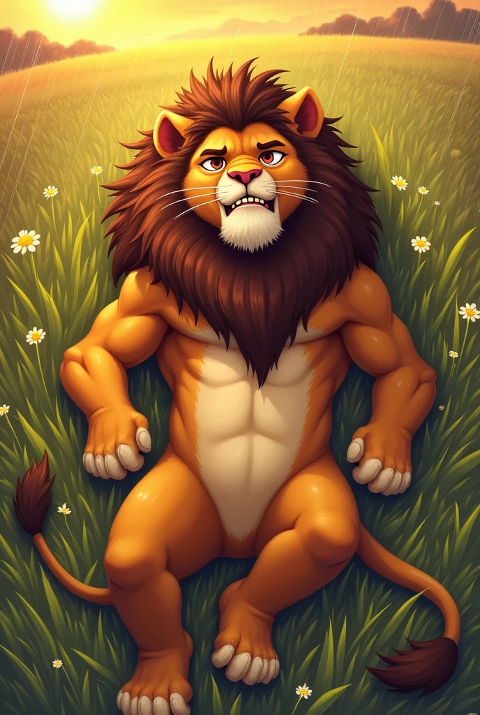 Detailed picture of a confident male anthro, (young Lion, powerful body) streached at full length on he's back on the savanna, trending on Art Station, Ross Tran, ruan jia, foxovh, ((exhausted expression, get soaked, gritting teeth, cartoon, composition from directly above