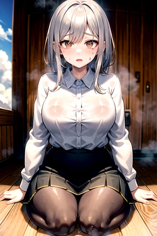 ((Highest quality)), ((masterpiece)), (detailed), One person,Sweaty、Long sleeve uniform、sauna、Silver Hair、Wet hair、Sweating profuselyが流れている、skirt、black tights、Soaked、Sweaty、hot、steam、Sigh、shortness of breath、A lot of sweat is flying、Sweat dripping from your hands、Neck sweat、Sitting on the floor、Sweaty、Sweatyだく、Sweating profusely、I can not stop sweating、Large drops of sweat、Facial sweat、Sweaty hands、Hair sweat、服がSoaked、cute、Water splash