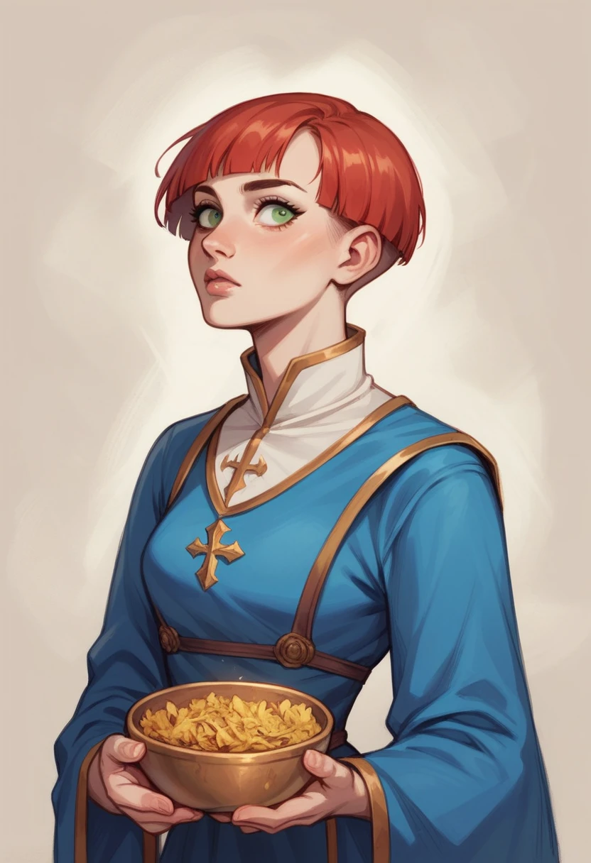 a French woman short blond bowl cut, green eyes, pale skin, slim and slender build, tall, sweet face, stylized none,long tunic night blue outfit,with golden and red touches, heroic fantasy medieval, mage,wide open and menacing eyes, a powerful magical aura, comics , sketch,realistic