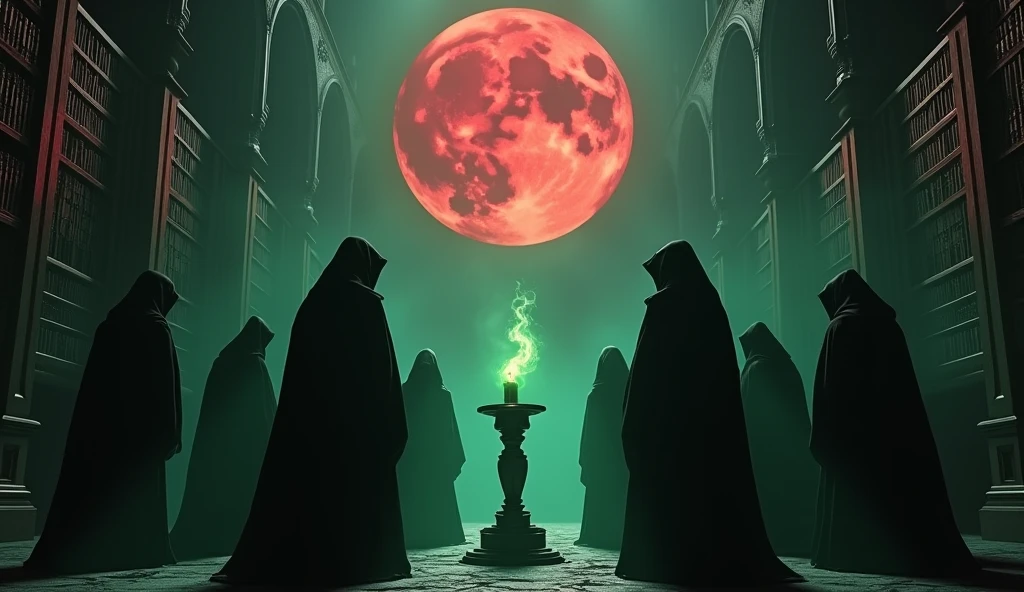 8k、 big red moon ,zoom up(number々の賞を受賞したmasterpiece、Incredible detail、Texture、Maximum details),green flame candle, (summoning magic),(The moonlight at night is beautiful), (Demon King's Castle),(dark organization)arafed image of a group of people in a church with candles,lit candle, dark cinematic concept art, elegant cinematic fantasy art, photorealistic dark concept art, by Beeple, dark robes, wojtek fus, gothic epic library concept, gothic epic library, epic cinematic concept art, dark concept art, Beeple and mike winkelmann, symmetrical epic fantasy art, High resolution, masterpiece, Highest quality, Intricate details, Very detailed, Clear focus, practical skin texture, texture, Shot with Canon, 85mm, Shallow and deep, Kodak Vision Color, Exactly, Very detailed, photograph_\(Extremist\), photographpractical, practical, Post-processing, Maximum details, Roughness, Real Life, Extremist practical, Photorealism, photographgraphy, 8K Ultra HD, photographgraphy
