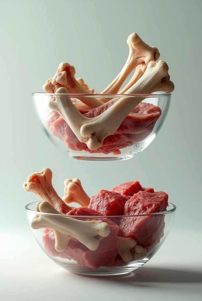 Make a picture that has two transparent bowls and one bowl has bones on top and meat on the bottom and meat on top in the other bowl.