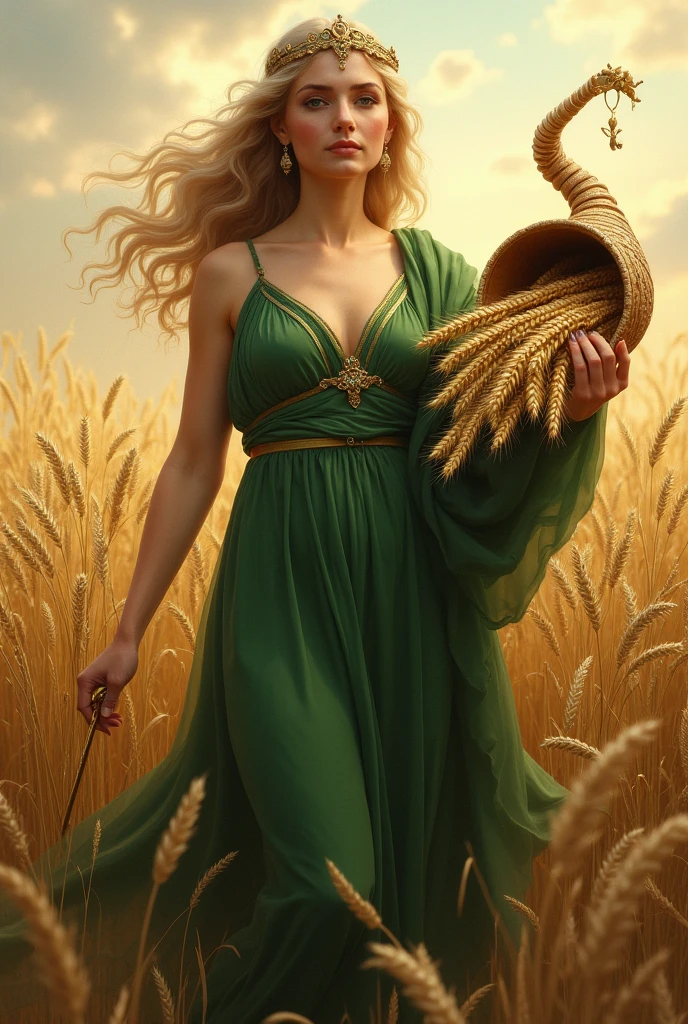 Goddess Demeter in green dress, carrying a cornucopia with wheat stalks inside and holding a small golden sickle, in the middle of the wheat field.