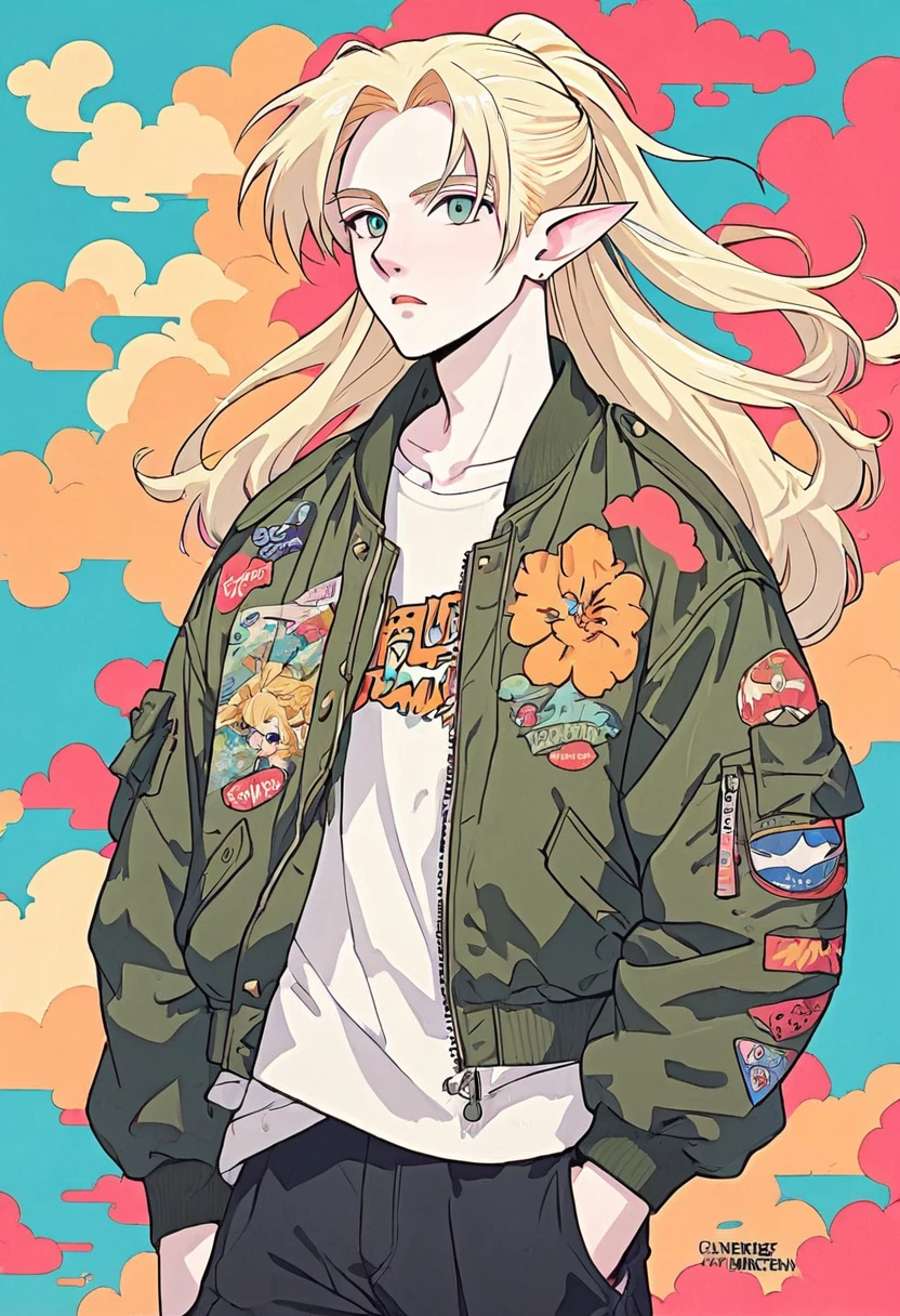 Tall male elf, long blonde hair, pale skin, 90's anime style wearing bomber jacket.