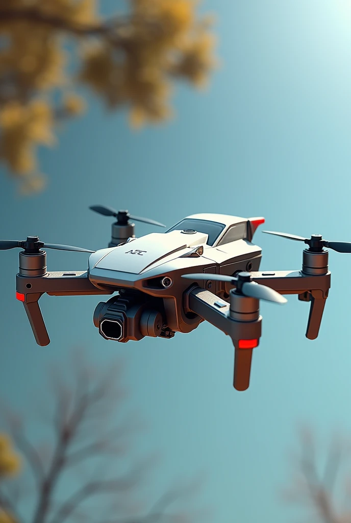 Create a realistic flying drone with a brush on one side and a sprayer on the other