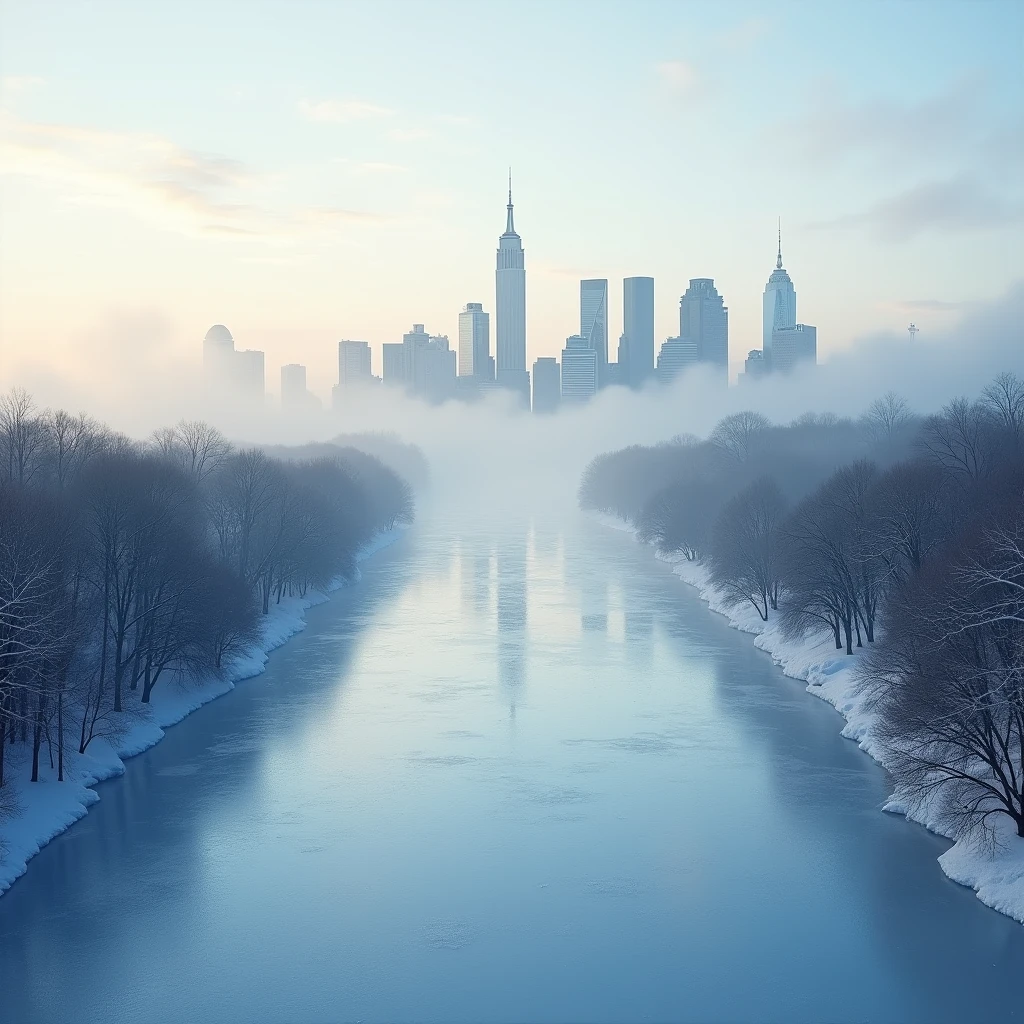 Snow Scene、Shooting from above、New York Manhattan、Frozen River、lake、early morning、Landscape Photography