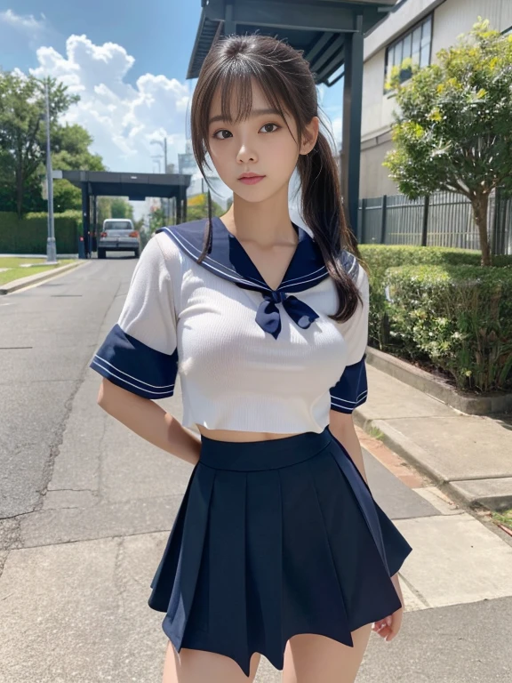 (Ultra HD), (look at me), (The whole body is projected), (Short-sleeved sailor uniform, Navy blue low rise mini skirt), Big Breasts, thin, Tight waist, (thin脚:1.2), (thin太もも:1.2), (thin腰:1.4), (Beautiful Skin, Glowing Skin, White skin), (Super slim face, Super beautiful face, No makeup, smile:0.6), (ponytail, Layered Cut, Fluffy hair、Shortcuts), (double eyelid, )、Beautiful Eyes、 Small Nose, Thin lips, Are standing, In front of the school gate