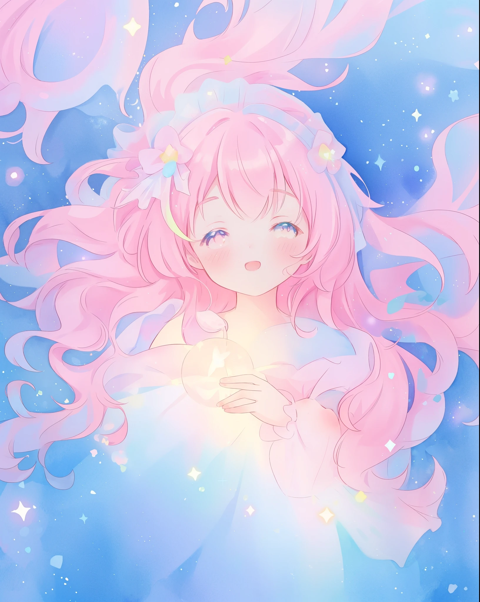 beautiful girl in sparkling gradient ballgown, long wavy peach pink hair, vibrant pastel colors, (colorful), colorful watercolor background, ethereal, magical lights, sparkling liquid light, disney art style, fantasia background, whimsical, fantasy, beautiful face, ((masterpiece, best quality)), intricate details, highly detailed, sharp focus, 8k resolution, liquid watercolor