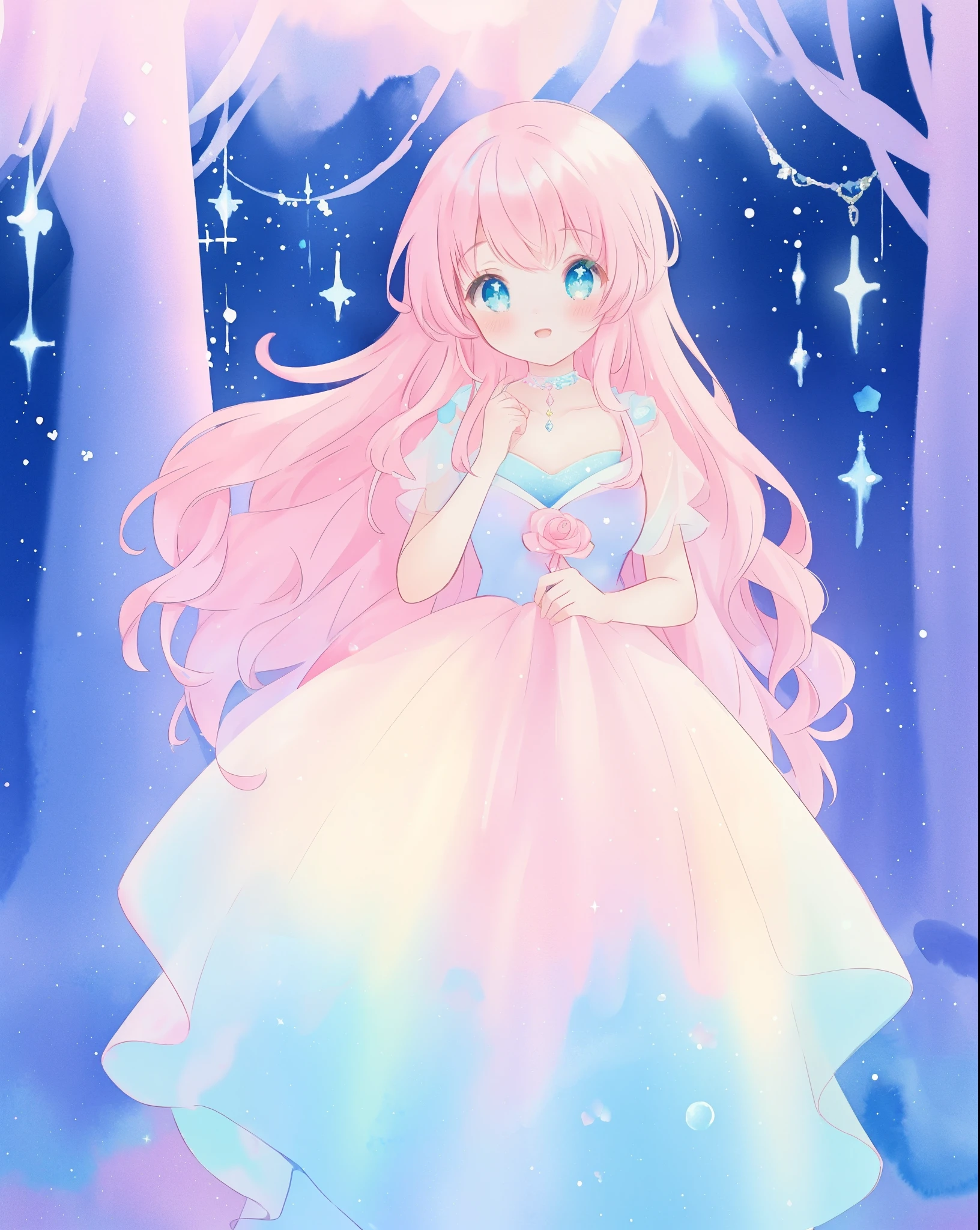 beautiful girl in sparkling gradient ballgown, long wavy peach pink hair, vibrant pastel colors, (colorful), colorful watercolor background, ethereal, magical lights, sparkling liquid light, disney art style, fantasia background, whimsical, fantasy, beautiful face, ((masterpiece, best quality)), intricate details, highly detailed, sharp focus, 8k resolution, liquid watercolor