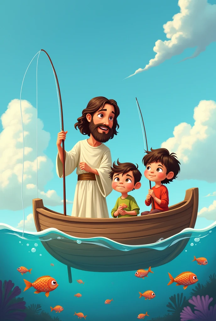 Cartoon of Jesus with a girl and a boy fishing in a boat and fish in the sea