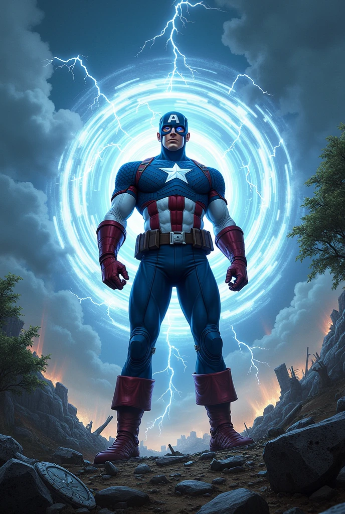 Illustrate Captain America at the moment he awakens to his new power of time manipulation. The scene should be dynamic and intense, focusing on the transformation as time begins to ripple around him. Captain America stands at the center of the image, his posture strong and resolute, but with a hint of shock in his expression as he realizes the immense power he now possesses.
His eyes glow with a radiant blue-white light, symbolizing the newfound power. Around him, the environment begins to distort: the air ripples in concentric waves, and objects nearby, such as rocks and debris, seem to blur and stretch, as if being pulled by the currents of time.
The background should depict a partially shattered landscape, with hints of past and present colliding—perhaps a broken clock, with its hands spinning uncontrollably, or a tree with leaves in different stages of growth. Light and shadow play dramatically across Captain America’s figure, with his iconic suit catching the glow from his eyes, adding a surreal touch to the scene.
In the sky above, clouds swirl in a circular pattern, mimicking the ripples of time emanating from Captain America. Lightning crackles through the clouds, illuminating the scene with flashes of light. The overall atmosphere should be one of raw power and awe, with a sense of the world bending to the will of this new, uncontrollable force