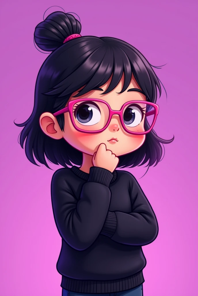 Young girl with pink, rectangular and thin glasses, medium-long, tied-up hair, wearing a black sweater and black pants, in cartoon style with purple background 
