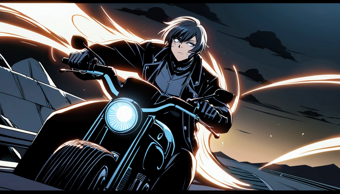 [Raven and Lena on motorcycle], [Raven with scarred face, Lena with new black hair], [winding mountain road with castle in distance], [anime neo-noir style like 'Death Note'], [streaking lights from speed], [cool blues and greys with bright headlight]
