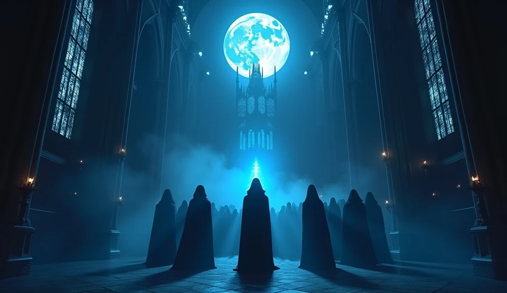8k、 big blue moon ,zoom up, large stained glass(number々の賞を受賞したmasterpiece、Incredible detail、Texture、Maximum details),blue flame candle, (summoning magic),(The moonlight at night is beautiful), (Demon King's Castle),(dark organization)arafed image of a group of people in a church with candles,lit candle, dark cinematic concept art, elegant cinematic fantasy art, photorealistic dark concept art, by Beeple, dark robes, wojtek fus, gothic epic library concept, gothic epic library, epic cinematic concept art, dark concept art, Beeple and mike winkelmann, symmetrical epic fantasy art, High resolution, masterpiece, Highest quality, Intricate details, Very detailed, Clear focus, practical skin texture, texture, Shot with Canon, 85mm, Shallow and deep, Kodak Vision Color, Exactly, Very detailed, photograph_\(Extremist\), photographpractical, practical, Post-processing, Maximum details, Roughness, Real Life, Extremist practical, Photorealism, photographgraphy, 8K Ultra HD, photographgraphy