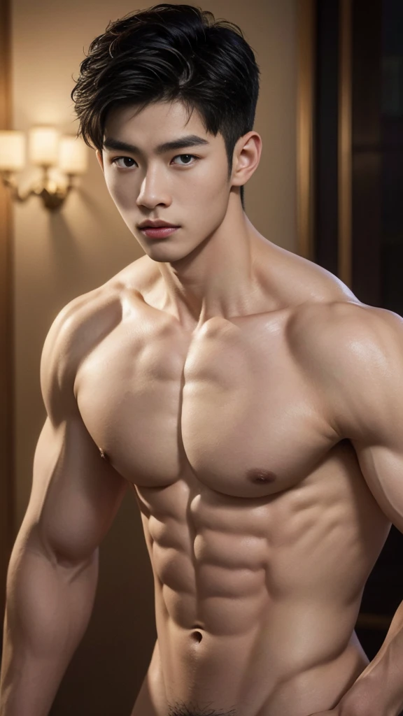 Mind control, hypnotic spiral, (masterpiece, ultra quality, high resolution, 8k, intricate: 1.2), (detailed face:1.2), handsome, Young Korean man, white skin, double eyelids, detailed skin, 1boy, ((realistic)), abs, good lighting quality, muscle veins, ((pale skin)), side view, lust face, (hypnotic), (viewer pop:1.3), full body shot,