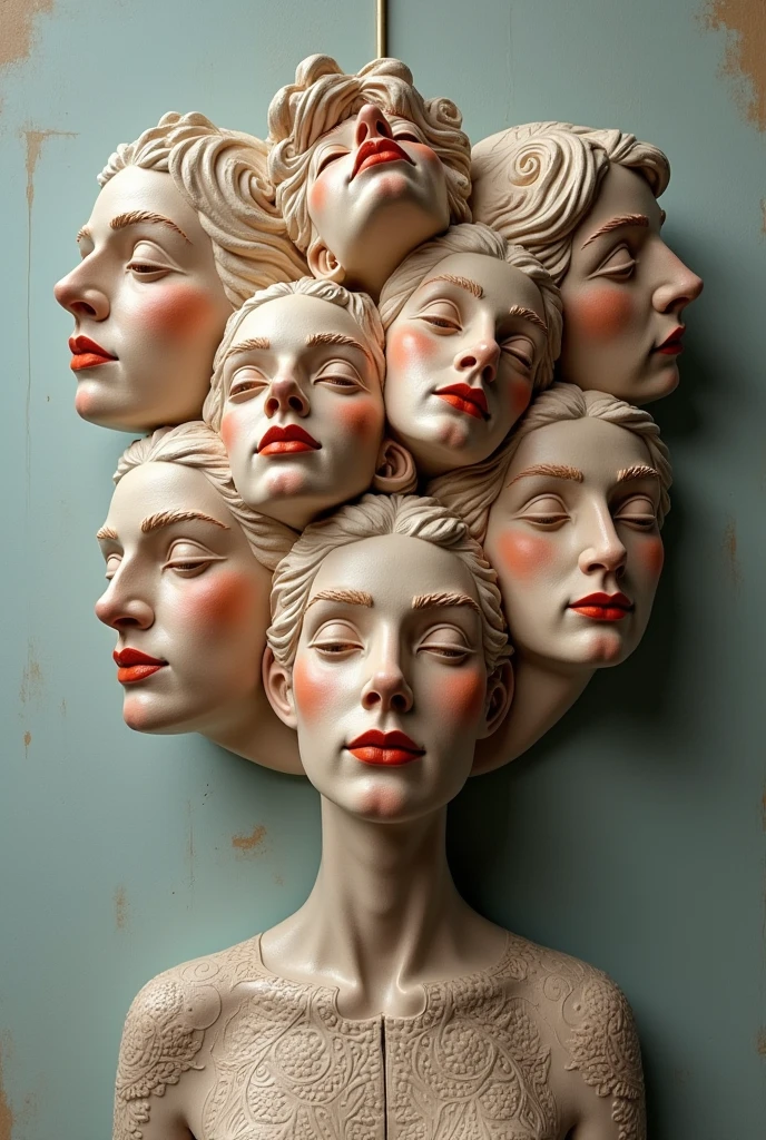 Expressionist artwork images of multiple floating ceramic heads of jewish women, 3d collage style, make it weird and gallery worthy