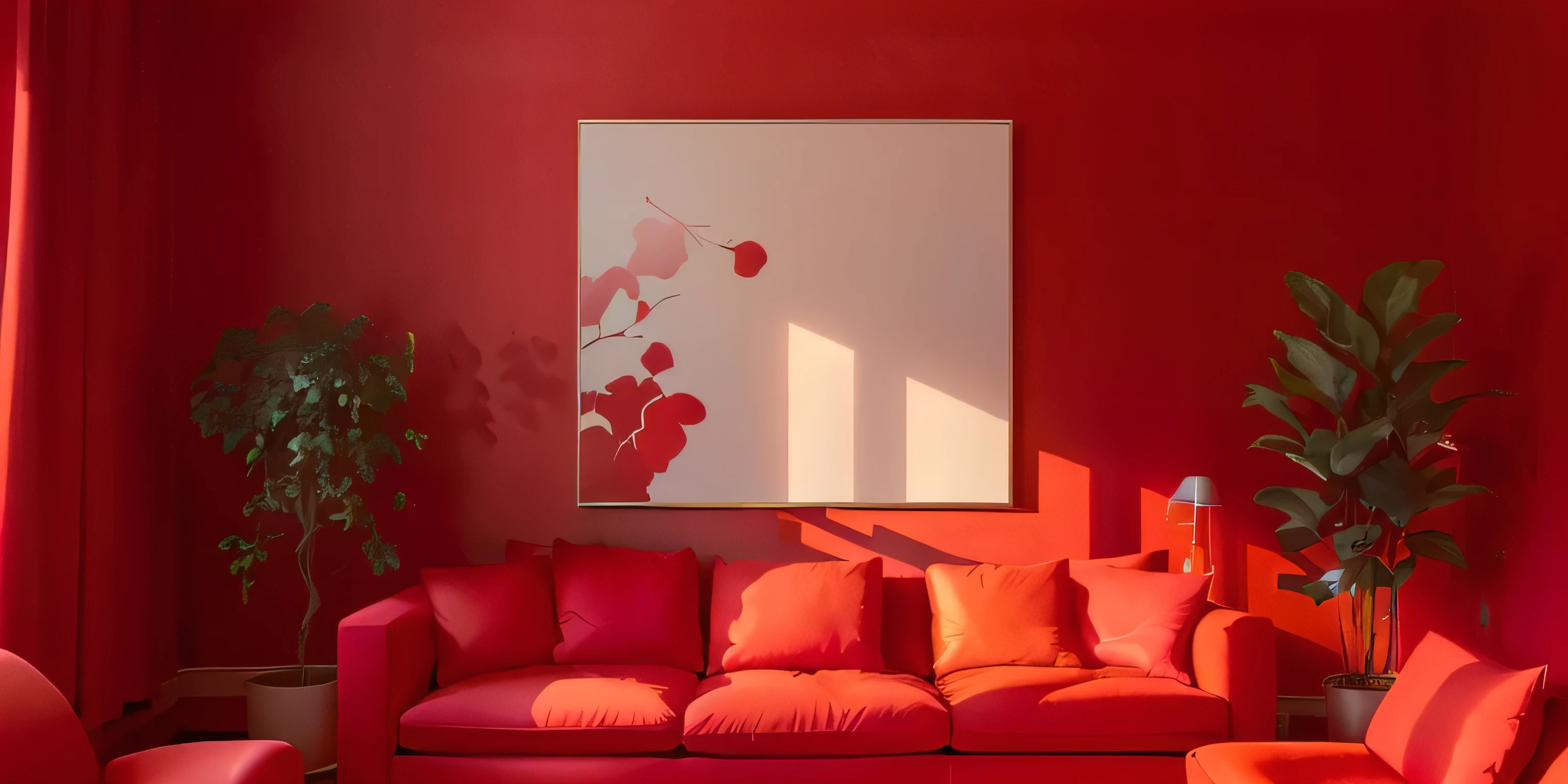 a brightly colored living room with Red Walls and a red couch, Monochromatic red, Red Wall, Red interior, Red Room, Red Theme, Lacquerware on canvas, The main color is red, Red and movie lights, Poster colors on canvas, red color scheme, bright colors with Red hues, Red atmosphere, Red hues, Red hue, Red Theme, bold coloRed Walls