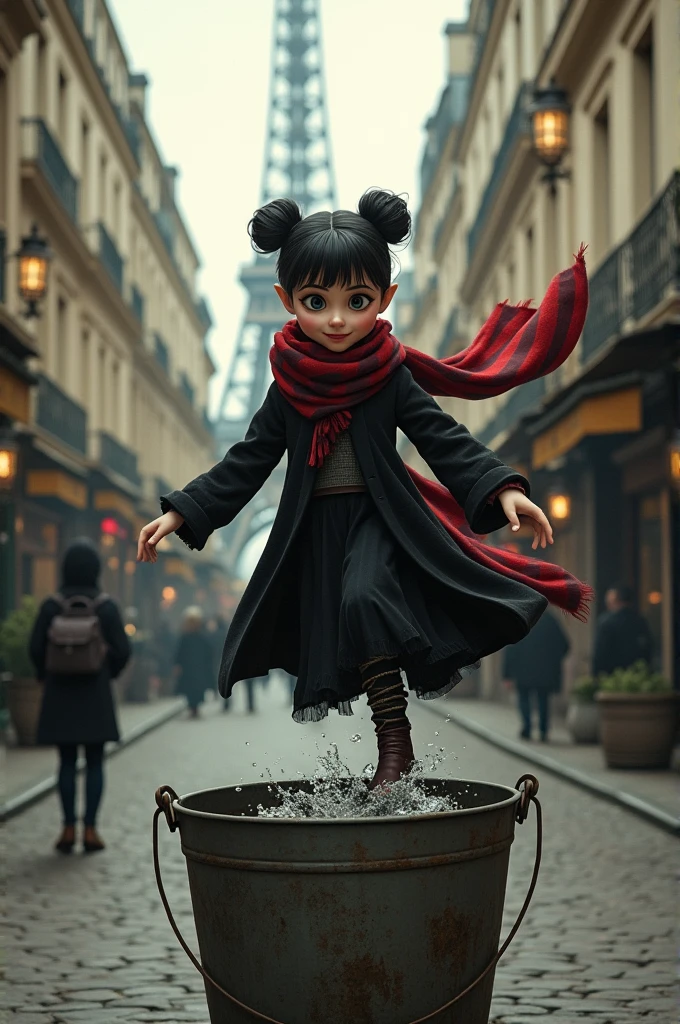 A witch from the house of Grifyndor from the Harry Potter saga, black hair updo, a red and black scarf, big eyes and friendly. Jumping into an old bucket. The landscape is Paris