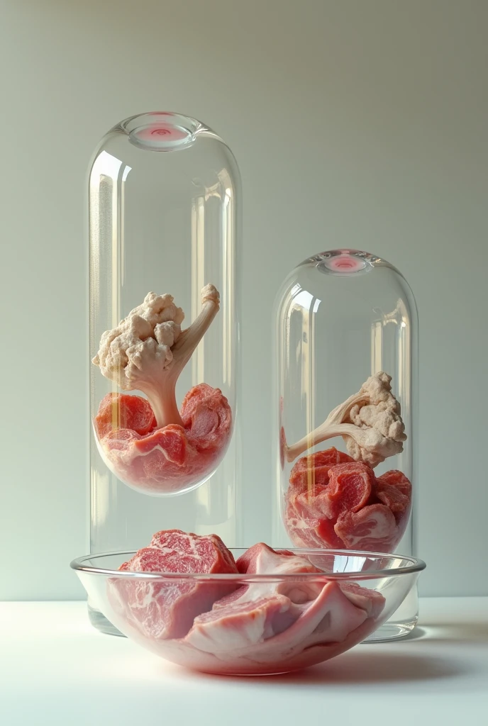 Make a picture that has two transparent bowls and one bowl has bones on top and meat on the bottom and meat on top in the other bowl.
