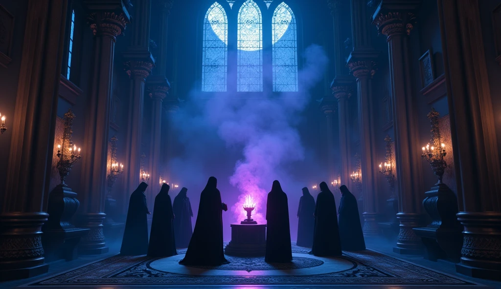 8k、 big blue moon   ,zoom up(number々の賞を受賞したmasterpiece、Incredible detail、Texture、Maximum details),purple flame candle, (summoning magic),(The moonlight at night is beautiful), (Demon King&#39;s Castle),(dark organization)arafed image of a group of people in a church with candles,lit candle, dark cinematic concept art, elegant cinematic fantasy art, photorealistic dark concept art, by Beeple, dark robes, wojtek fus, gothic epic library concept, gothic epic library, epic cinematic concept art, dark concept art, Beeple and mike winkelmann, symmetrical epic fantasy art, High resolution, masterpiece, Highest quality, Intricate details, Very detailed, Clear focus, practical skin texture, texture,  Shot with Canon, 85mm, Shallow and deep, Kodak Vision Color, Exactly, Very detailed, photograph_\(Extremist\), photographpractical, practical, Post-processing, Maximum details, Roughness, Real Life, Extremist practical, Photorealism, photographgraphy, 8K Ultra HD, photographgraphy
