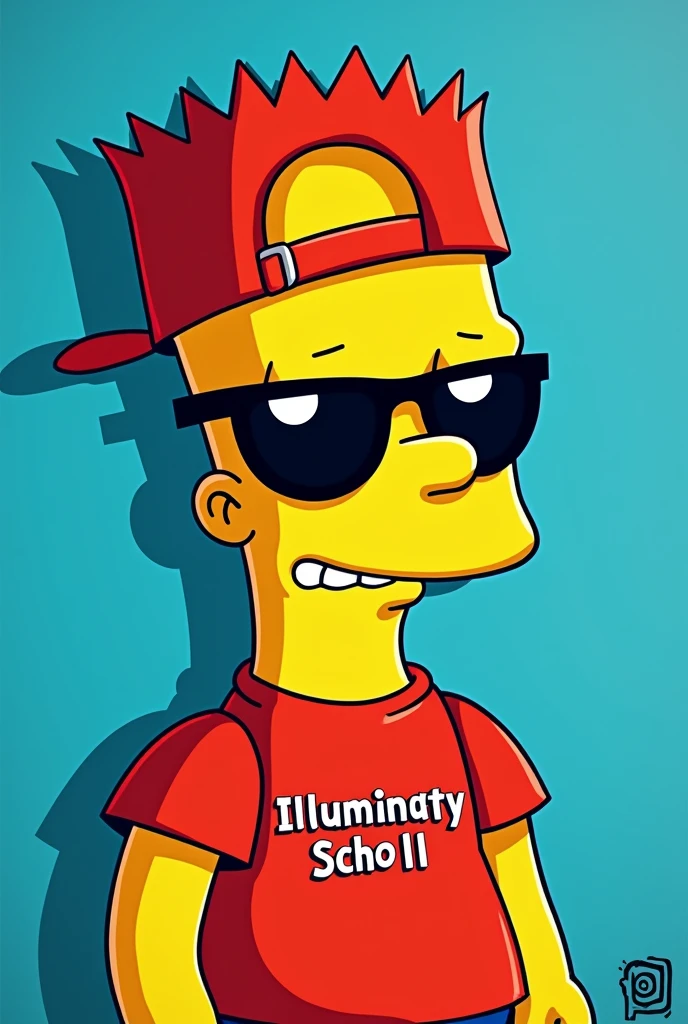 Bart Simpson with a red cap backwards, sunglasses and a red shirt that says illuminatty scholl.
A blue shorts and a wall in the background that says iptv Show more images