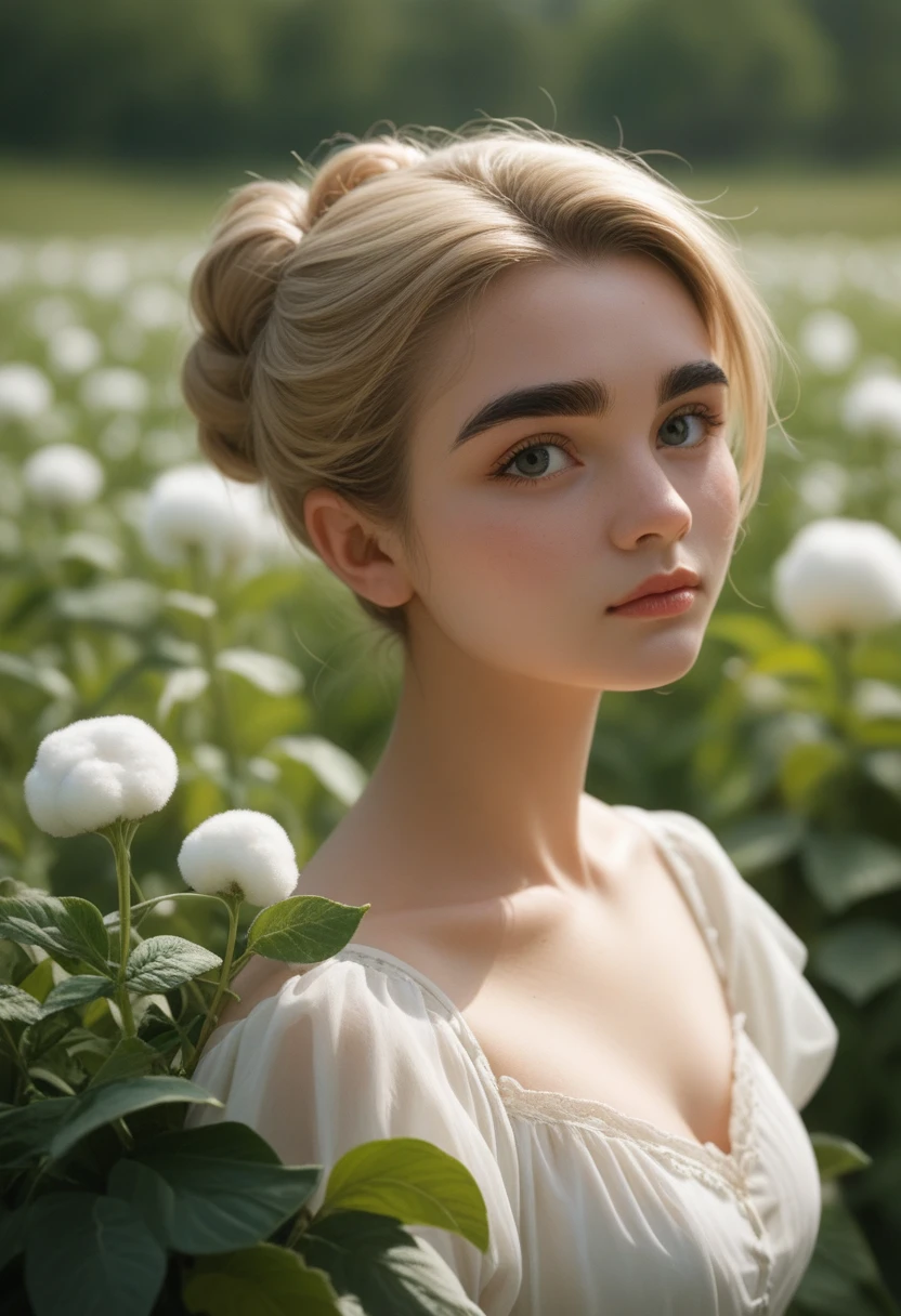 A beautiful young Tajik woman, 2, with model-like features. She is a blonde with thick, dark eyebrows, standing in the middle of a vast cotton field. The soft white cotton plants stretch out as far as the eye can see, creating a dreamy and serene atmosphere. The woman, with her striking contrast of blonde hair and dark brows, stands confidently, her figure illuminated by the gentle sunlight."