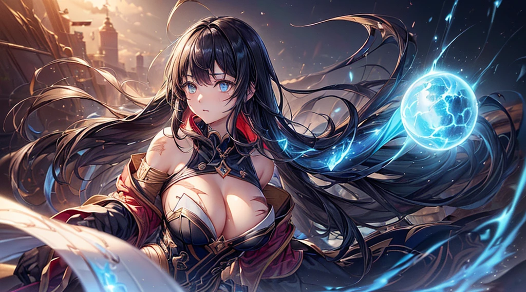 (最high quality、High resolution、Textured skin、high quality、Caution about scars、Precise CG unification、gameCG、Fine and beautiful eyes: 1.5)、(One person)、Black Hair、Brown eyes、Are standing、magic circle、Fighting、Blue Flame、