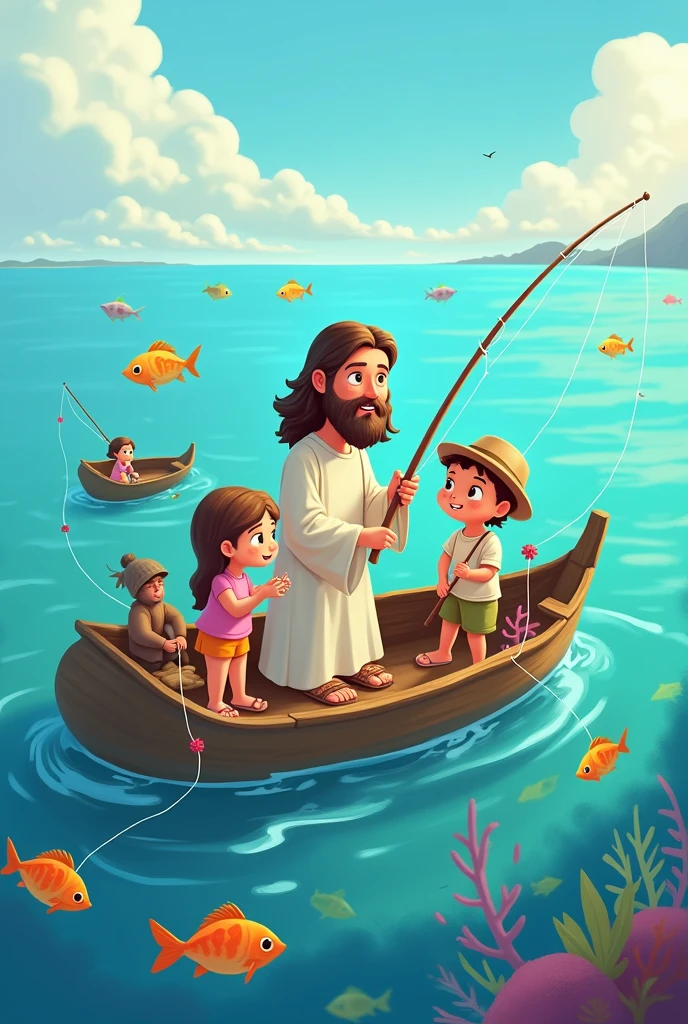 Cartoon of Jesus with a girl and a boy fishing in a boat and fish in the sea 