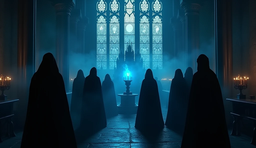 8k、 big dark moon   ,zoom up, large stained glass(number々の賞を受賞したmasterpiece、Incredible detail、Texture、Maximum details),blue flame candle, (summoning magic),(The moonlight at night is beautiful), (Demon King&#39;s Castle),(dark organization)arafed image of a group of people in a church with candles,lit candle, dark cinematic concept art, elegant cinematic fantasy art, photorealistic dark concept art, by Beeple, dark robes, wojtek fus, gothic epic library concept, gothic epic library, epic cinematic concept art, dark concept art, Beeple and mike winkelmann, symmetrical epic fantasy art, High resolution, masterpiece, Highest quality, Intricate details, Very detailed, Clear focus, practical skin texture, texture,  Shot with Canon, 85mm, Shallow and deep, Kodak Vision Color, Exactly, Very detailed, photograph_\(Extremist\), photographpractical, practical, Post-processing, Maximum details, Roughness, Real Life, Extremist practical, Photorealism, photographgraphy, 8K Ultra HD, photographgraphy
