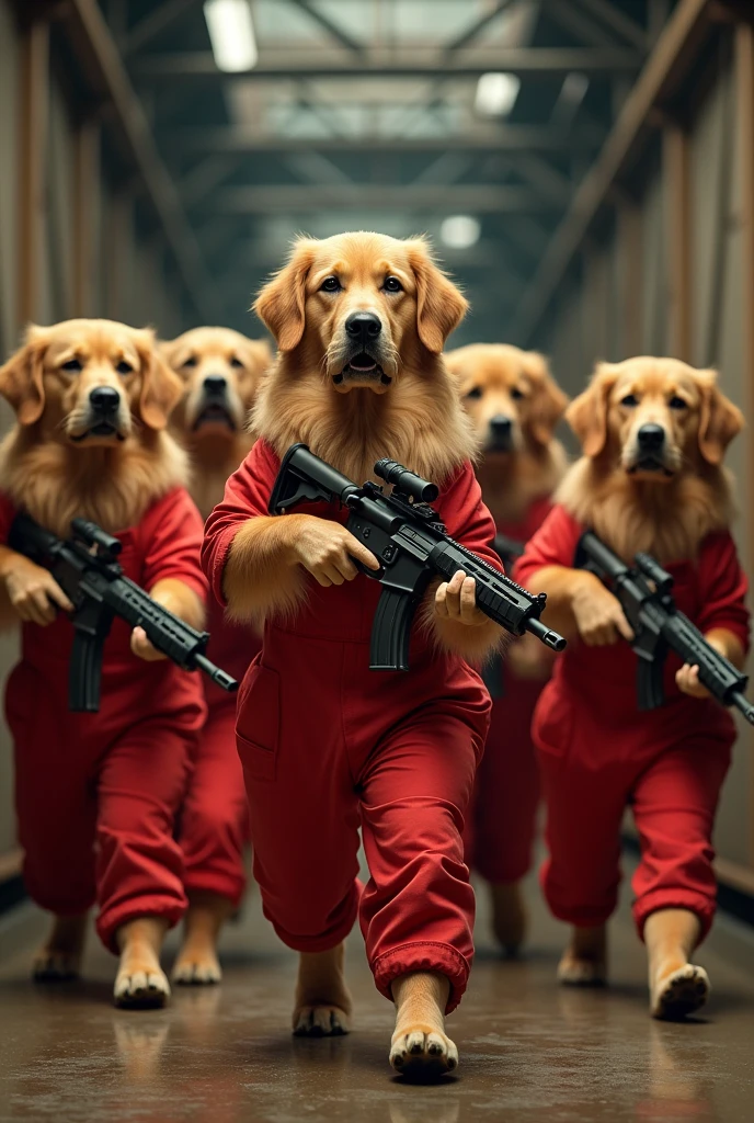 La casa de papel series with Seven golden retrievers with red overalls and weapons