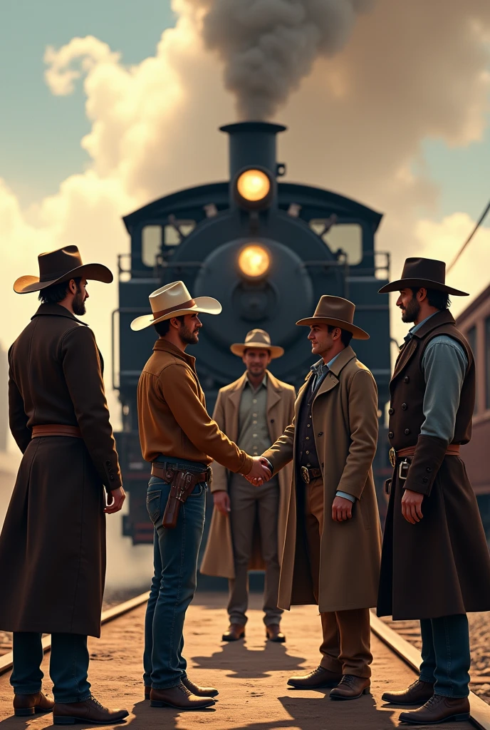 4 handsome cowboy men say goodbye to a handsome 2 friend who is going on a trip with a train behind them