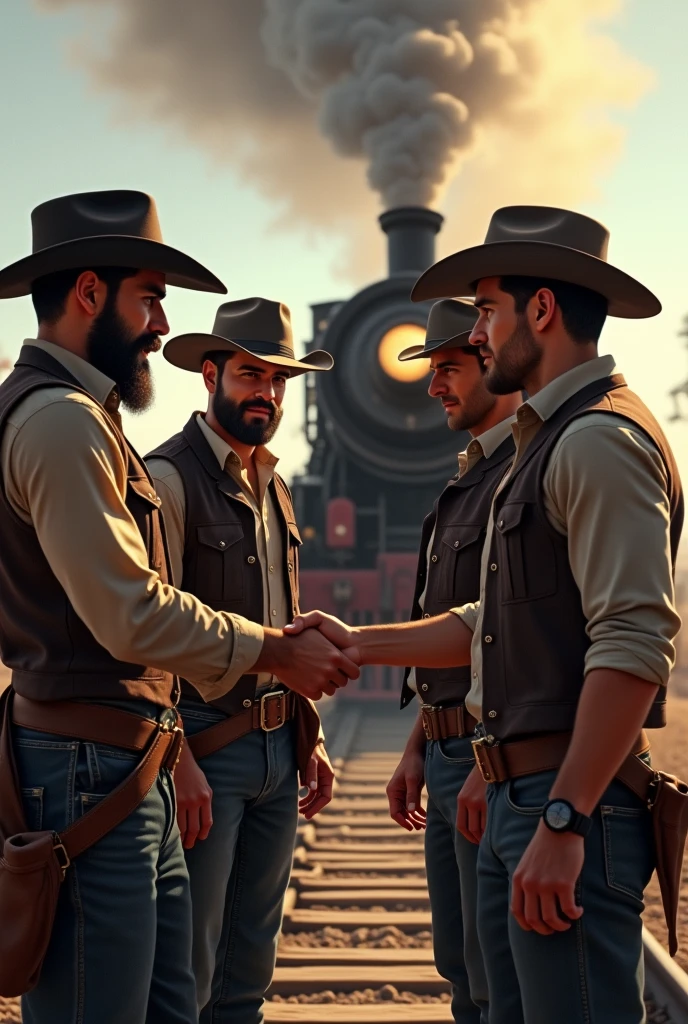 4 handsome cowboy men say goodbye to a handsome 2 friend who is going on a trip with a train behind them