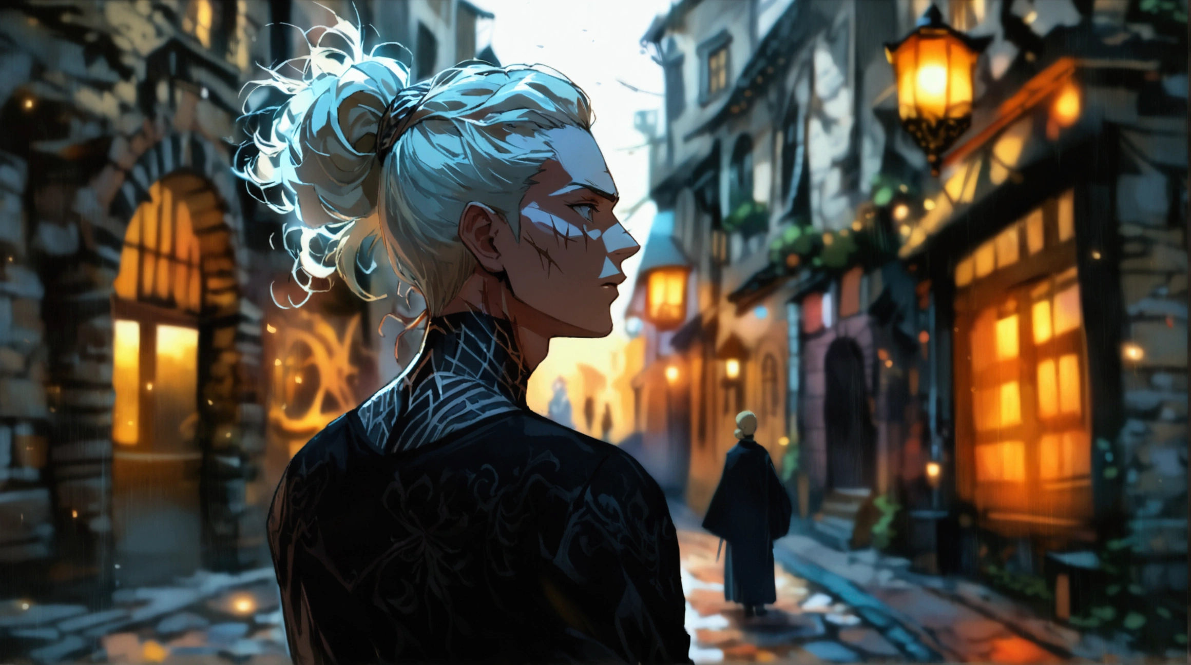 Large European man, blonde hair tied back, serious look, scar on neck and arms, black shirt, dark European alley background, ((Intricate anime character design inspired by Paranormal Order)), ((Stunning lighting)), ((Fine lines)), ((Stunning focus)), ((Centered character)), ((Stunning face)), ((Detailed focus)), ((Detailed background)), ((Ultra-fine 2D design)), ((Creative backdrop)), ((2D masterpiece)), ((Best quality)), ((8K anime style)), ((Full body))